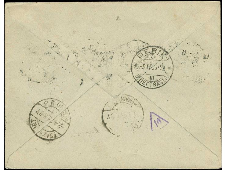  "SCHUSTERN MEMELGEBIET 31.3.23" mehrfach klar auf R-Brief nach Bern, gute Erhaltung 