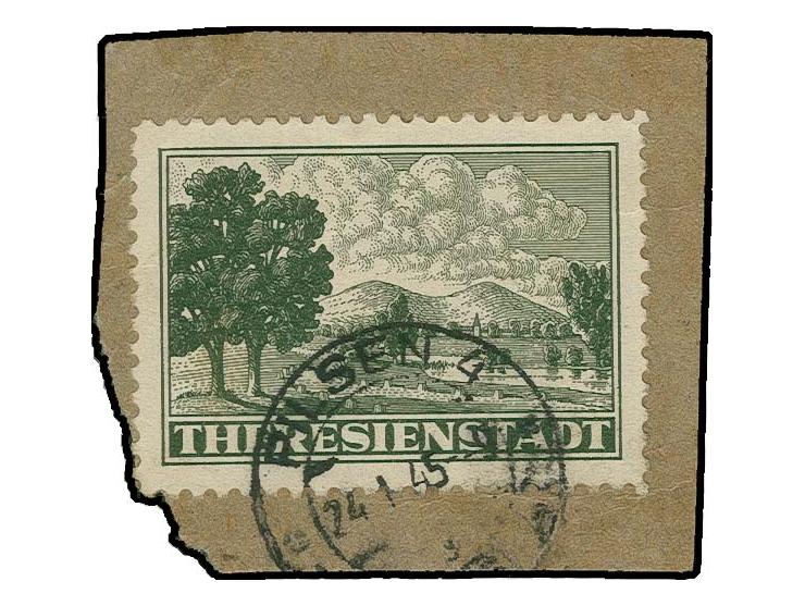 THERESIENSTADT: 1943, Zulassungsmarke mit sauberem Stempel auf Briefstück, einige minimal vekürzte Zähne, sonst tadellos, sig