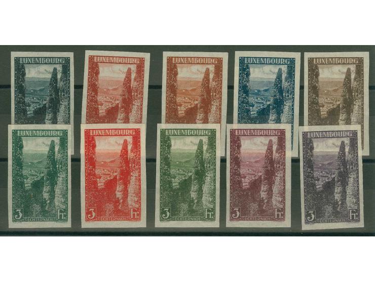 1923, view of Echternach 3 fr., all 10 imperforated colour proofs, unused without gum