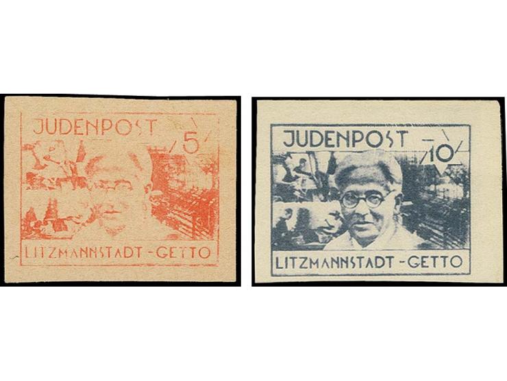 LITZMANNSTADT, 5 Pfg. zinnober und 10 Pfg. dunkelbläulichgrün auf weißem Kartonpapier, 5 Pfg. rückseitig bedruck, ungebraucht