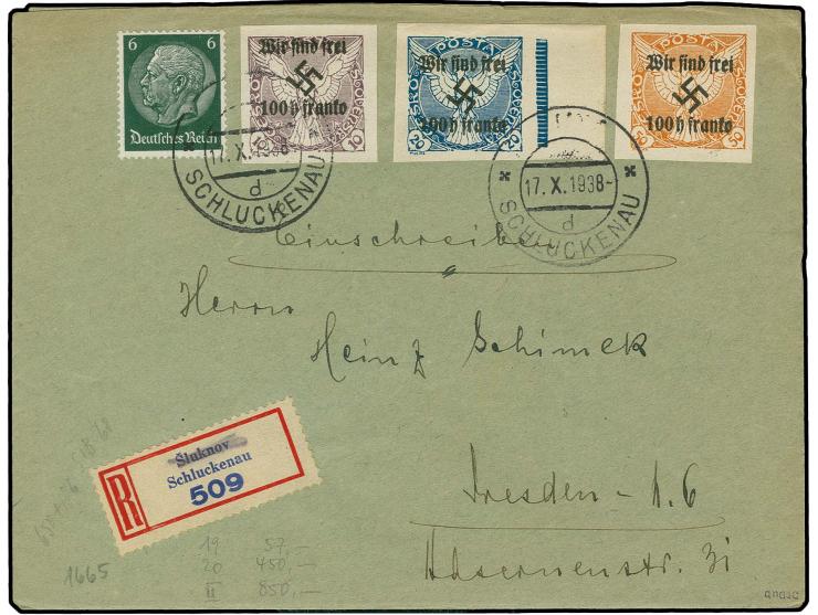 100 H. auf 50 H. sowie 100 H. auf 10 H. und 100 H. auf 20 H. und 6 Pfg. Hindenburg mit Stempel "SCHLUCKENAU 17.X.1938" auf R-
