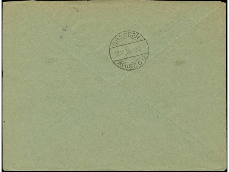 100 H. auf 50 H. sowie 100 H. auf 10 H. und 100 H. auf 20 H. und 6 Pfg. Hindenburg mit Stempel "SCHLUCKENAU 17.X.1938" auf R-