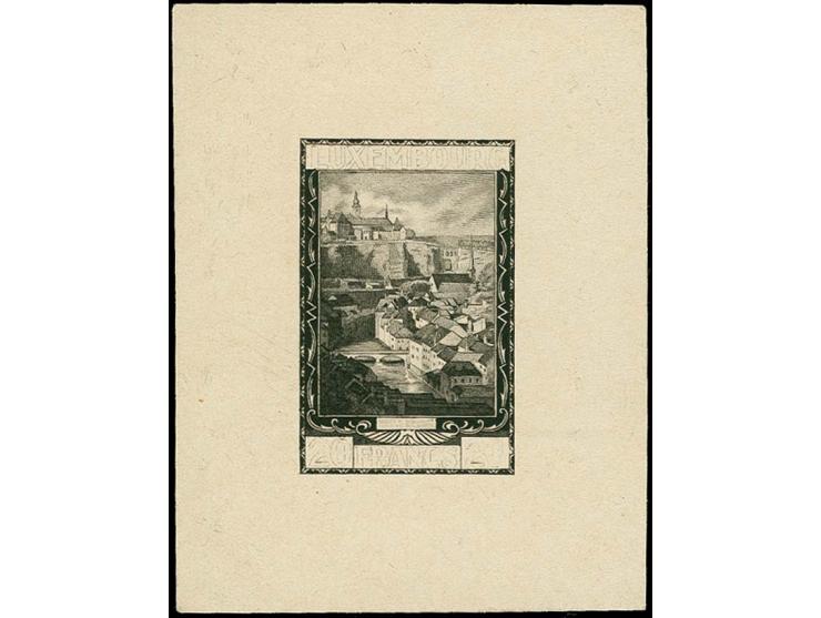 1931, view of Luxemburg 20 fr., progressive die proof in black on carton