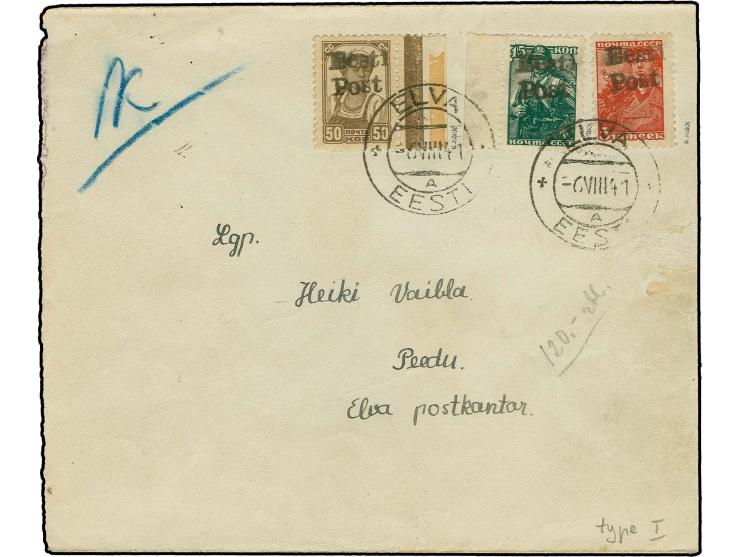 5, 15 und 50 K. mit Stempel "ELVA -6.VIII 41" auf etwas fehlerhaftem Umschlag mit blauem "K" Kontrollvermerk, Marken tadellos