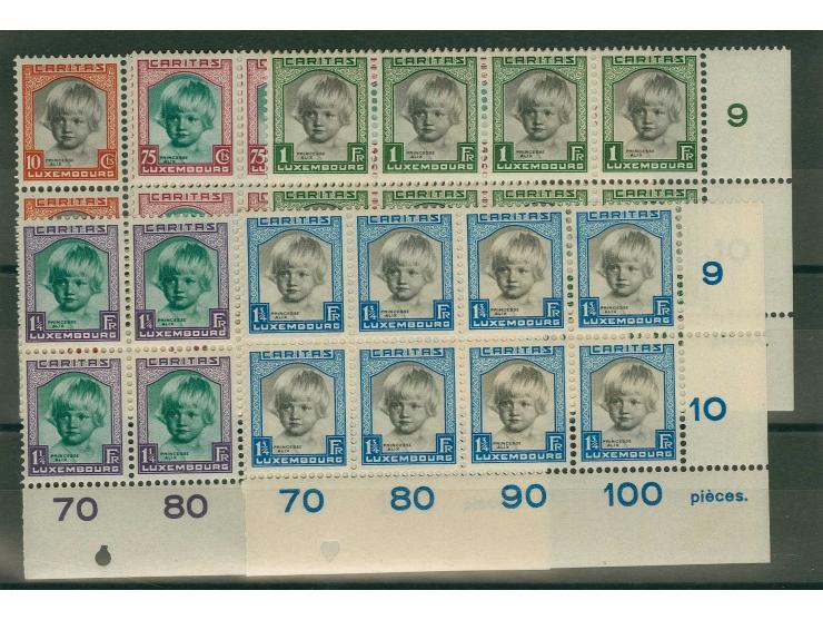 Caritas 10 c.-1 3/4 fr. in corner blocks of 8, 10 c. tiny tear in the margin only, otherwise very fine (Mi. for single stamps