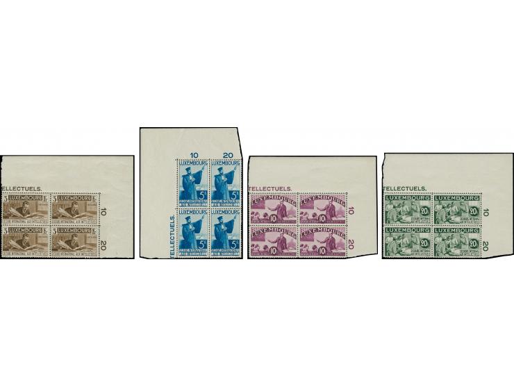 1935, Intellectuals 5 c.-20 fr., 15 values complete in corner blocks of 4, unmounted mint, few stamps short perfs, but genera