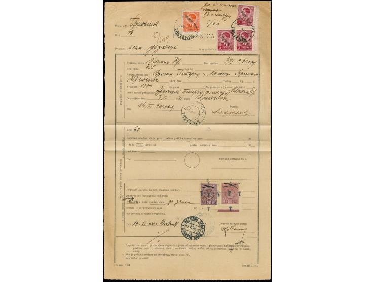 1941, 0,50 Din. als Einzelmarke und 2 Din. im Dreierblock mit Stempel "TRSTENIK 14-VI-41" auf Postreklamations-Formular mit 2
