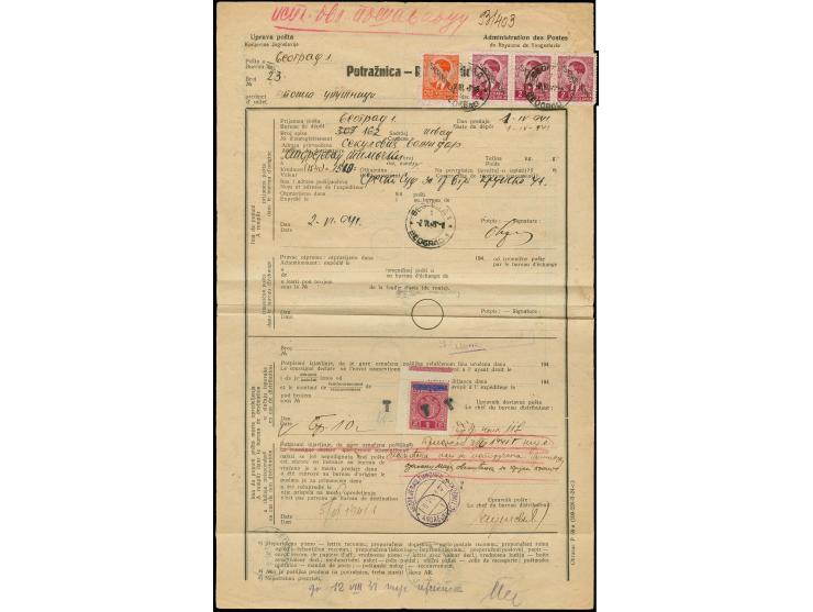 1941, 0,50 Din. als Einzelmarke und 2 Din. im waagerechtem Dreierstreifen mit Stempel "BEOGRAD 2.VI.41" auf Postreklamations-