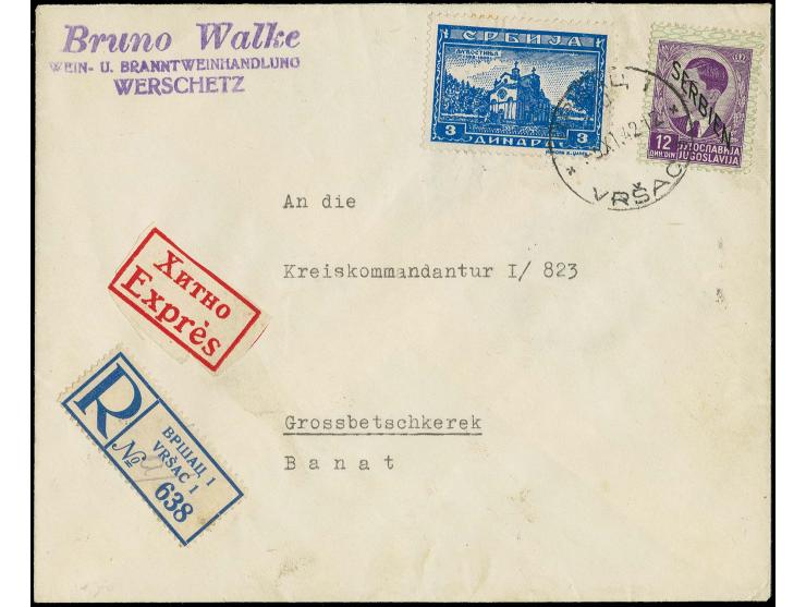 1941, Aufdruckausgabe 12 Din. zusammen mit Klöster 3 Din. mit Stempel "VRSAC -5.XI.42" auf Express-R-Brief nach Banat, gute E