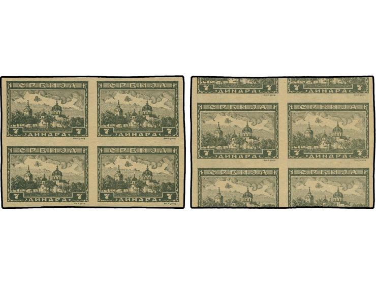 7 Din. schwarzgraugrün im ungezähnten, vorder- und rückseitig bedrucktem, Viererblock auf braunen Andruckpapier, ohne Gummi, 
