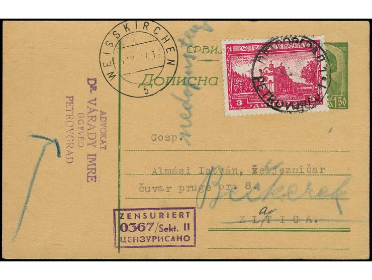 "ZENSURIERT 0367/Sekt. III" violetter Ra3 auf Kartenformular mit Klöster 3 Din. ab "WEISSKICHEN 30.VIII.49" nach Zltica und r