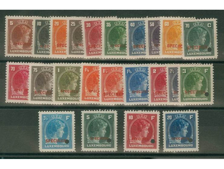 1944, Charlotte 5 c.-20 fr., 23 values complete with overprint "SPECIMEN" and punch hole of the American Banknote Co., unmoun