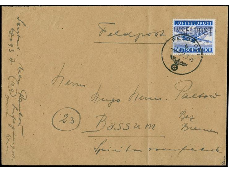 Leros gezähnt, Aufdruck schwarzblauviolett (Type II), mit Feldpoststempel "28.3.45" auf Brief mit dem letzten Inselpostflug 1
