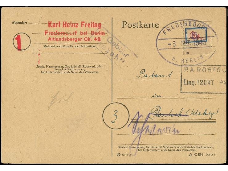 1945, Etikette 5 Pfg. mit Signum, Unterrandstück mit Oval-Stempel "FREDERSDORF b. BERLIN 5.OCT.1945" auf Postkarte mit nebeng