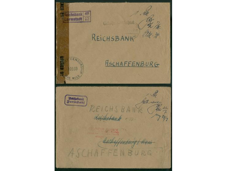 KURIERPOST: 24.7., Darmstadt - Aschafffenburg, Bankenbrief mit hds. Vermerk "1 RM Geb...." und rotem L3 "AN ABSENDER ZURÜCK/f