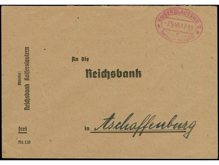7.9.45, Kaiserslautern - Aschaffenburg, Bankenbrief mit rotem Oval-Stempel "KAISERSLAUTERN 7.9.45", ohne weitere Vermerke bzw