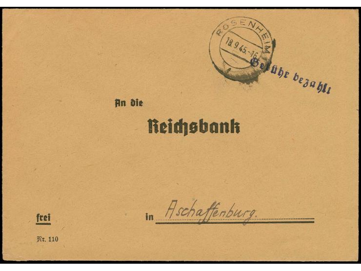 18.9., Rosenheim - Aschaffenburg, Vordruckbrief mit Tagesstempel "ROSENHEIM 18.9." und violettem L1 "Gebühr bezahlt", ohne Ze
