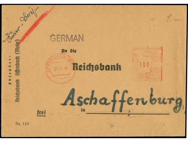 21.9., Offenbach - Aschaffenburg, Vordruckbrief mit 100 Pfg. Postfreistempel aus OFFENBACH 21.9.45 mit rückseitigem Maschinen