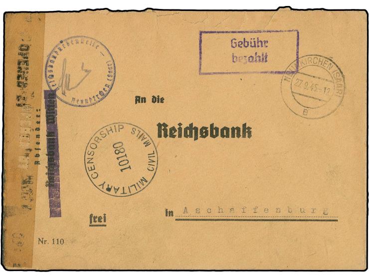 27.9, Neunkirchen (Saar) - Aschaffenburg, Vordruckbrief mit Poststempel "NEUNKIRCHEN (SAAR) 27.9.45" mit violettem Ra2 "Gebüh