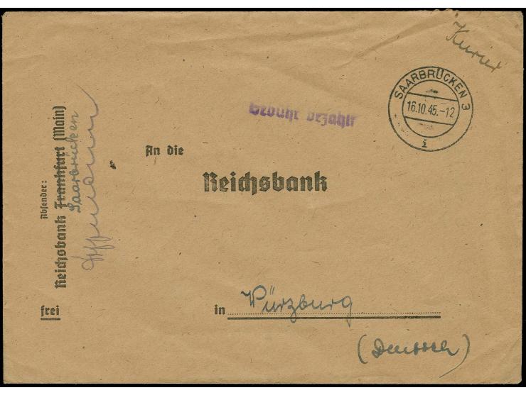 16.10, Saarbrücken - Würzburg, Vordruckbrief aus "SAARBRÜCKEN 3 16.10.45" mit violettem L1 "Gebühr bzahlt" und hds. Vermerk "