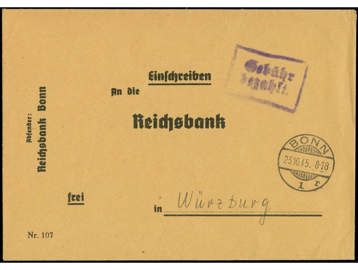 23.10., Bonn - Würzburg, Vordruckbrief mit Poststempel "BONN 23.10.45" mit violettem Ra2 "Gebühr bezahlt", ohne weitere Verme