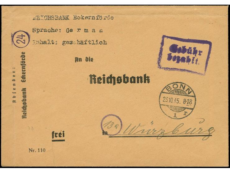 23.10., Eckernförde-Würzburg, Vordruckbrief  via "BONN 23.10.45" mit violettem Ra2 "Gebühr bezahlt", ohne weitere Vermerke bz