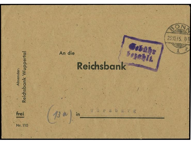 23.10., Wuppertal-Würzburg, Vordruckbrief  via "BONN 23.10.45" mit violettem Ra2 "Gebühr bezahlt", ohne weitere Vermerke bzw.