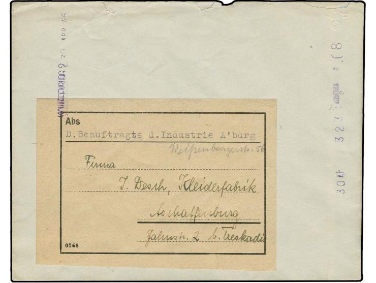 GEBÜHR BEZAHLT: 1945, "ASCHAFFENBURG 2 30 APR. 8", violetter Registrierkassenstempel klar auf Ortsbrief mit Absenderangabe "D