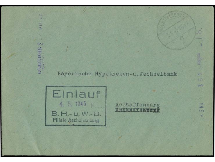 "ASCHAFFENBURG 2 3.MAI.45 8", Registrierkassenstempel klar auf Bedarfsbanken-Ortsbrief mit zusätzlichem Poststempel "ASCHAFFE