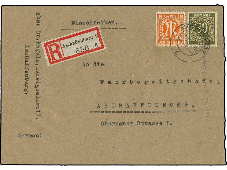 1946, "ASCHAFFENBURG 2 21.FEB.45 8", violetter Registrierkassenstempel, recht klar in Teilbarfrankatur auf R-Ortsbrief der 2.