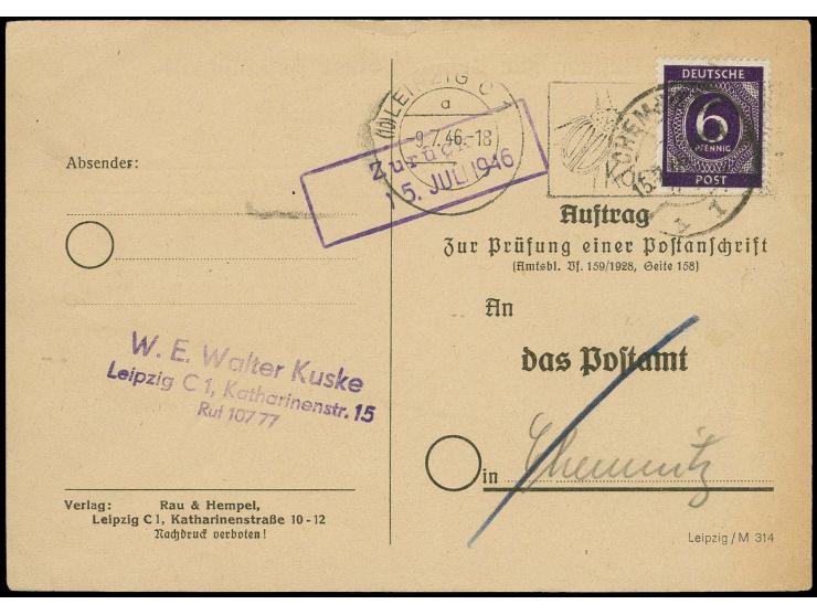 1945, Ziffer 6 Pfg. als portogerechte Einzelfrankatur auf Anschriftenprüfkarte von "LEIPZIG 7.7.46" nach Chemnitz und retour 