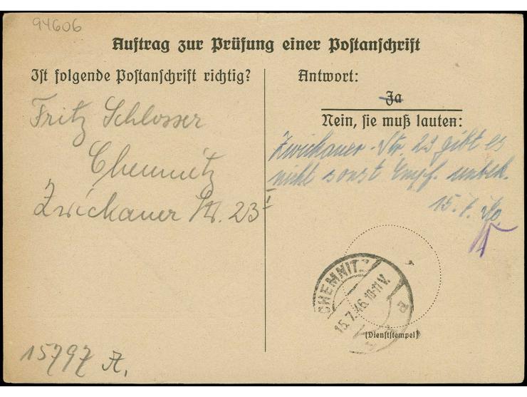 1945, Ziffer 6 Pfg. als portogerechte Einzelfrankatur auf Anschriftenprüfkarte von "LEIPZIG 7.7.46" nach Chemnitz und retour 