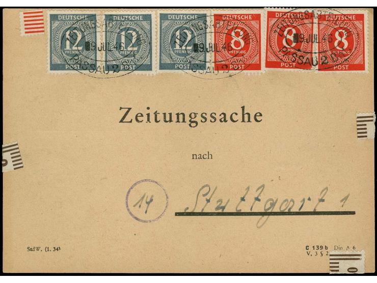 12 Pfg. grau (3) und 8 Pfg. (3) mit Ovalstempel "ZEITUNGSSACHE PASSAU 2 Bhf 9.JUL.46" als portogerechte Frankatur auf ZEITUNG