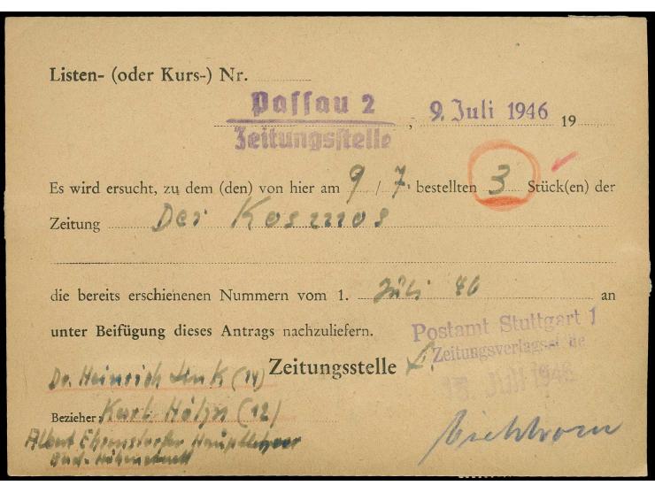 12 Pfg. grau (3) und 8 Pfg. (3) mit Ovalstempel "ZEITUNGSSACHE PASSAU 2 Bhf 9.JUL.46" als portogerechte Frankatur auf ZEITUNG