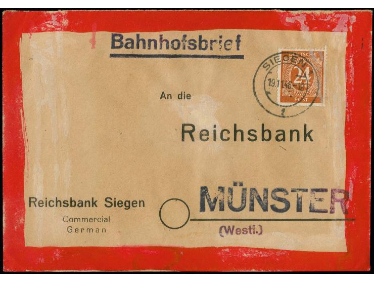 24 Pfg. als portogerechte Einzelfrankatur auf selbstgefertigtem 'Bahnhofsbrief' von "SIEGEN 19.1.46" nach Münster, Umschlag u