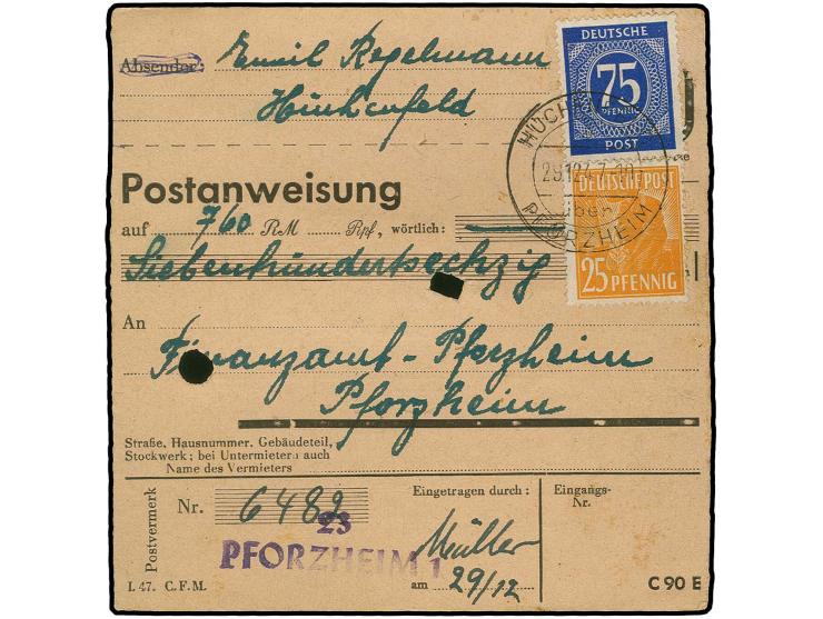 75 Pfg. blau in Mischfrankatur mit Arbeiter 25 Pfg. und 20 Pfg. (rückseitig, von amtlicher Lochung getroffen) als portogerech