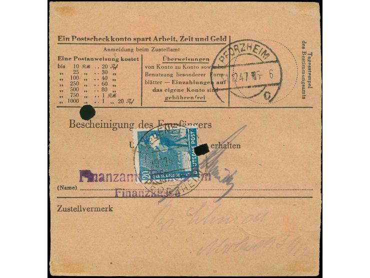 75 Pfg. blau in Mischfrankatur mit Arbeiter 25 Pfg. und 20 Pfg. (rückseitig, von amtlicher Lochung getroffen) als portogerech