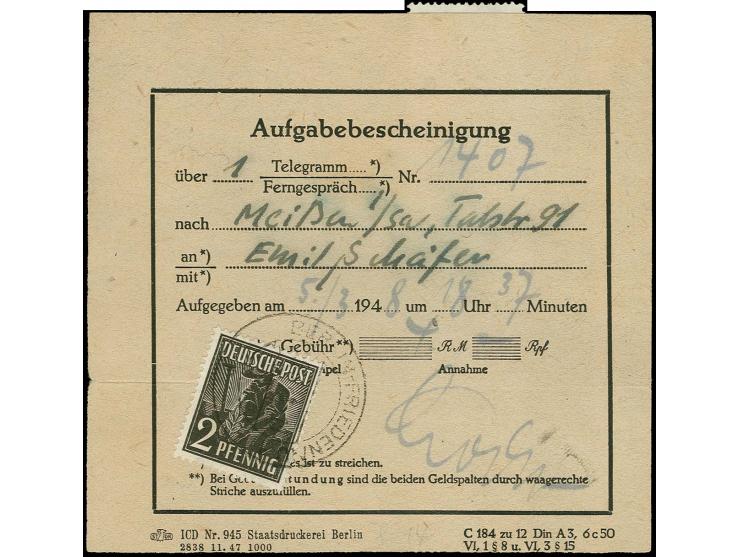 2 Pfg., Einzelwert vorder- und senkrechter 4er-Streifen rückseitig auf einer Aufgabebescheinigung für ein Telegramm von "BERL