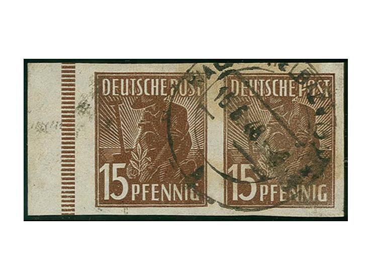 15 Pfg. im ungezähnten waagerechten Paar mit linkem Bogenrand, sauber gestempelt, tadellos, sign. Schlegel BPP