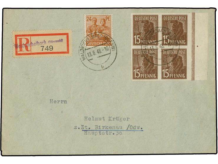 15 Pfg. im ungezähnten Viererblock mit rechtem Bogenrand, mit Zufrankatur mit Stempel "WALDMICHELBACH 13.6.48" auf R-Brief na