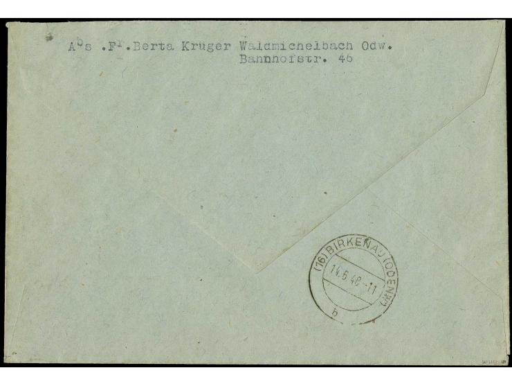 15 Pfg. im ungezähnten Viererblock mit rechtem Bogenrand, mit Zufrankatur mit Stempel "WALDMICHELBACH 13.6.48" auf R-Brief na