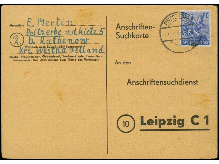 50 Pfg. als portogerechte Verwendung auf einer Anschriften-Suchkarte von "PRITZERBE 4...48" nach Leipzig, minimal fleckig, di
