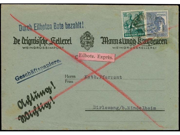 80 Pfg. und 16 Pfg. als portogerechte Frankatur auf Eilboten-Geschäftspapiere-Umschlag von "KAUFBEUREN 9.6.48" nach Dirlewang