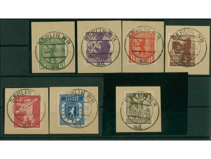 1945, Berliner Bär 5-30 Pfg. zickzackförmig durchstochen, je mit zentrischem Stempel "BERLIN 30.3.46" auf Briefstück, Fotoatt