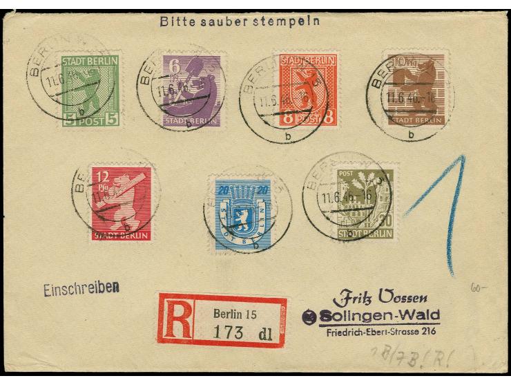 1945, Berliner Bär 10 Pfg. hellsiena und 5-8 sowie 12-30 Pfg. zickzackförmig durchstochen, sauber mit Stempel "BERLIN 11.6.46