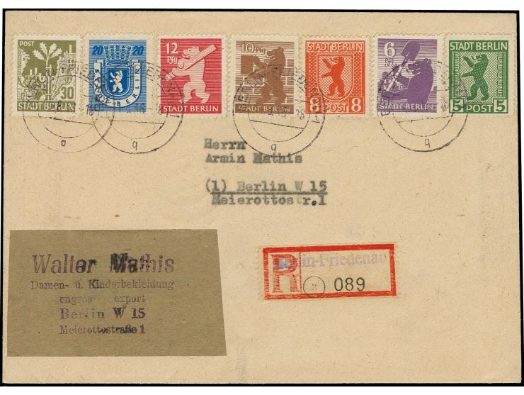 1945, Berliner Bär 10 Pfg. hellsiena und 5-8 sowie 12-30 Pfg. zickzackförmig durchstochen, sauber mit Stempel "BERLIN 14.8.46