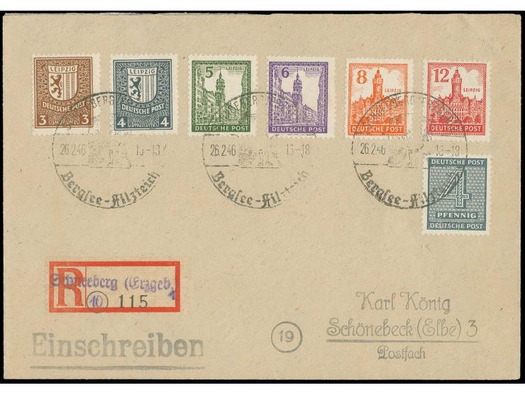 Abschiedsserie 4 Pfg. mit Wz. Stufen fallen mit Zufrankatur mit Sonderstempel "SCHNEEBERG ERZGEB. 26.2.46" auf portogerechtem