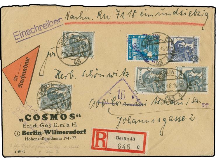 "3/Berlin" auf 80 Pfg., 20 Pfg. und 12 Pfg. (4) als portogerechte Frankatur auf R-Nachnahme-Brief von "BERLIN C43 6.7.48" nac