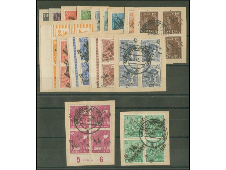 BEZIRK 14: 2-84 Pfg. im Viererblock bzw. 15, 60 und 80 Pfg. in zwei senkrechten Paaren mit Stempel "SIEBENLEHN 02.7.48" auf B