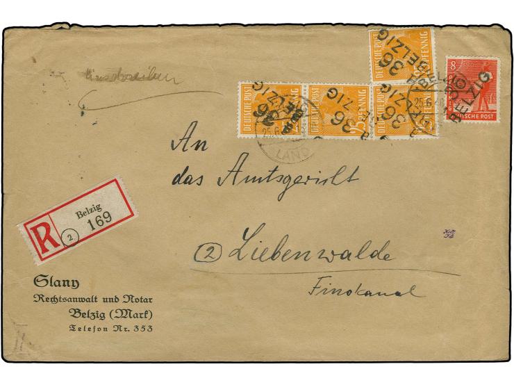 "36/Belzig" auf 25 Pfg. (4) und 8 Pfg. als portogerechte Frankatur auf R-Brief der 2. Gewichtsstufe von "BELZIG LAND 25.6.48"